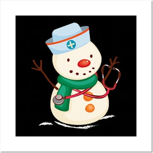 Medical Scrub Top Nurse's Hat Wearing Snowman Xmas Posters and Art